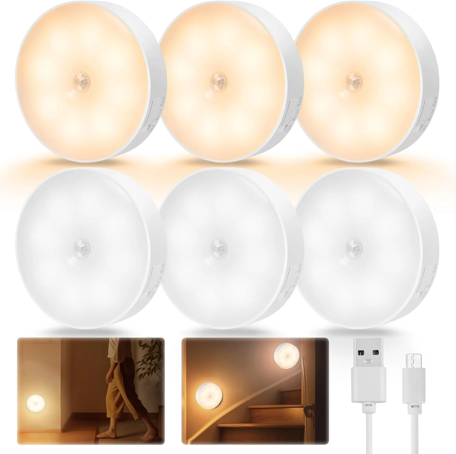 DSLebeen Luz nocturna con detector de movimiento con detector de movimiento, batería interior, recargable por USB, luz nocturna 