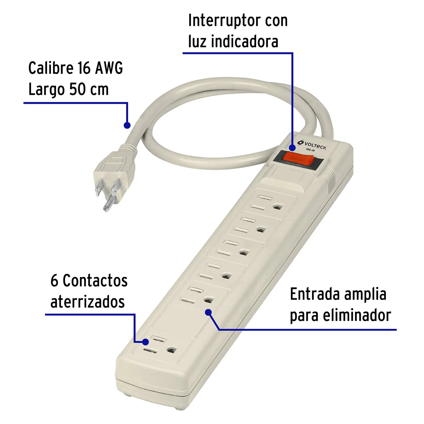 Multicontacto 16 AWG uso rudo con 6 entradas, Volteck
