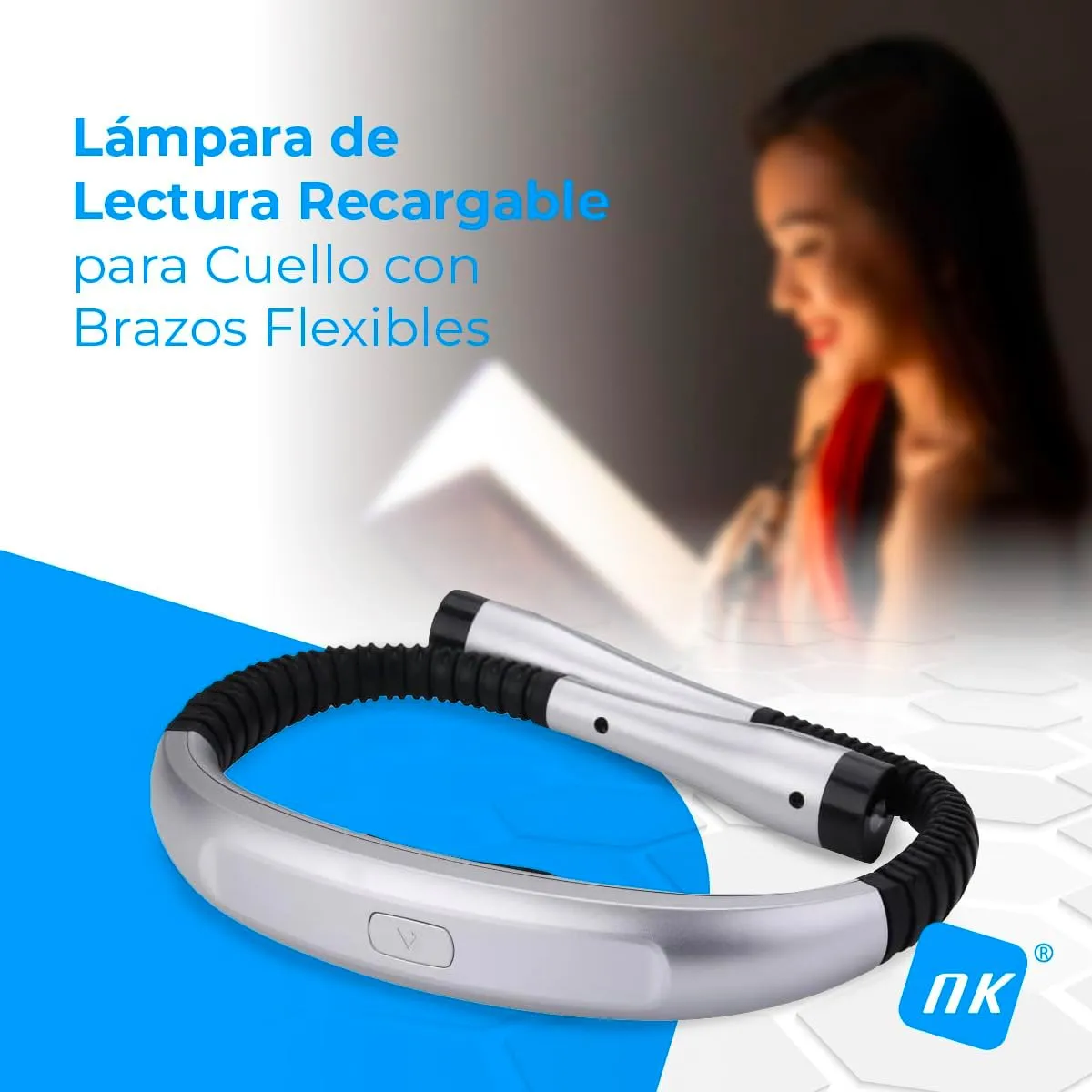 NK Lámpara de Lectura para Cuello, Recargable, Luz con Brazos flexibles, 3 Colores de Luz LED, 3 Niveles de Iluminación Ajustabl