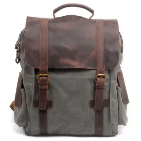 Retro Handmade Outdoor Large Rucksack Cowhide Leather Splicing Thick Canvas School Backpack 
