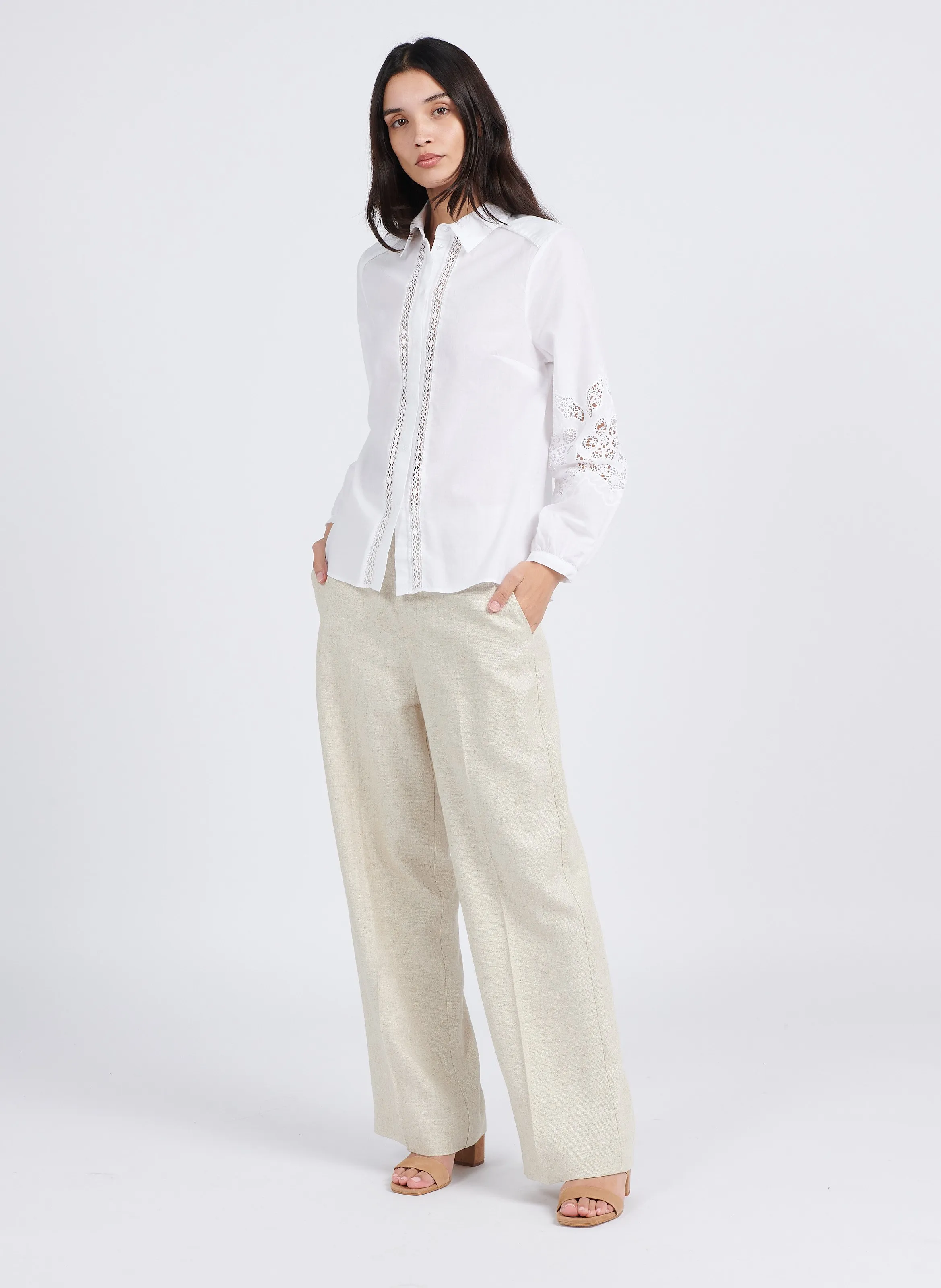 SUD EXPRESS PARTENA - Pantalón ancho de tiro alto en beige